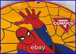 Vintage 1968 Spider Man Ntane Conoco Gasoline 12 Porcelain Metal Comic Oil Sign