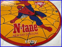 Vintage 1968 Spider Man Ntane Conoco Gasoline 12 Porcelain Metal Comic Oil Sign