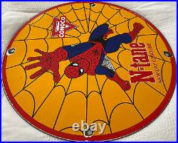 Vintage 1968 Spider Man Ntane Conoco Gasoline 12 Porcelain Metal Comic Oil Sign