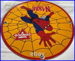 Vintage 1968 Spider Man Ntane Conoco Gasoline 12 Porcelain Metal Comic Oil Sign