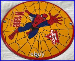 Vintage 1968 Spider Man Ntane Conoco Gasoline 12 Porcelain Metal Comic Oil Sign