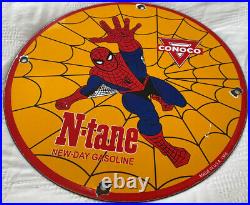 Vintage 1968 Spider Man Ntane Conoco Gasoline 12 Porcelain Metal Comic Oil Sign