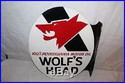 Vintage 1971 Wolf's Head Motor Oil Gas Station 2 Sided 22 Metal Flange Sign