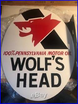 Vintage 1971 Wolf's Head Oil Sign Double Sided With Flange