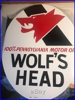 Vintage 1971 Wolf's Head Oil Sign Double Sided With Flange