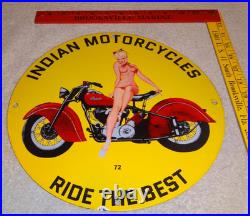 Vintage 1972 Indian Motorcycles Ride The Best +woman 11 3/4 Porcelain Gas Sign