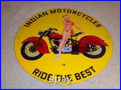 Vintage 1972 Indian Motorcycles Ride The Best +woman 11 3/4 Porcelain Gas Sign