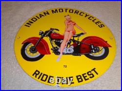 Vintage 1972 Indian Motorcycles Ride The Best +woman 11 3/4 Porcelain Gas Sign
