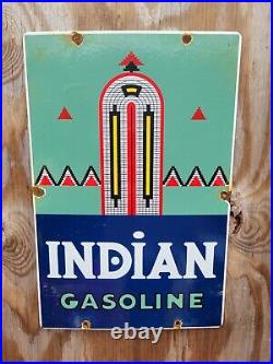 Vintage 1990 Indian Gasoline Porcelain Sign Oil Gas Service Pump Plate Art Deco