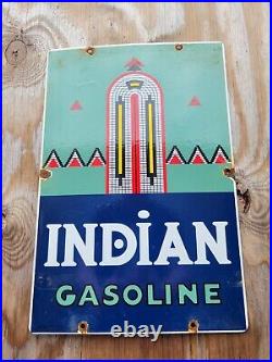 Vintage 1990 Indian Gasoline Porcelain Sign Oil Gas Service Pump Plate Art Deco