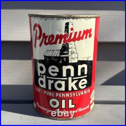 Vintage 1Qt Premium Penn Drake Motor Oil Tin Can Advertising FULL CAN/CONTENTS