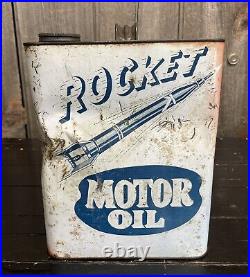 Vintage 2 Gal ROCKET Motor Oil Tin Can Gas Service Station Advertising