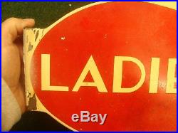 Vintage 2-sided Conoco Gas Oil Ladies Tin Restroom flange Sign red & white