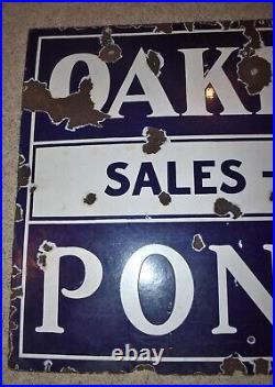Vintage 2-sided Porcelain OAKLAND Pontiac Sales Service GAS OIL Advertising SIGN