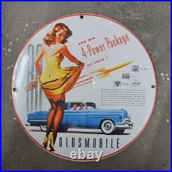 Vintage 4 Power Oildmobile Old Us Gasoline Oil Gas Pump Enamel Porcelain Sign