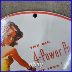 Vintage 4 Power Oildmobile Old Us Gasoline Oil Gas Pump Enamel Porcelain Sign