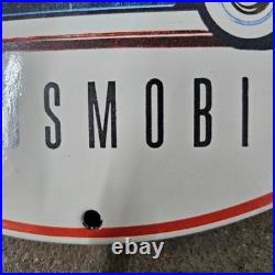 Vintage 4 Power Oildmobile Old Us Gasoline Oil Gas Pump Enamel Porcelain Sign