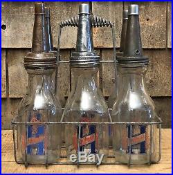 Vintage 50s Original HUFFMAN Dayton Ohio Quart 6 Motor Oil Bottles With Rack