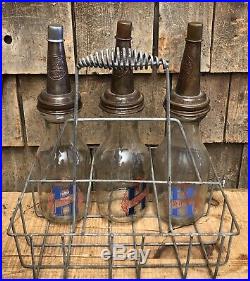 Vintage 50s Original HUFFMAN Dayton Ohio Quart 6 Motor Oil Bottles With Rack