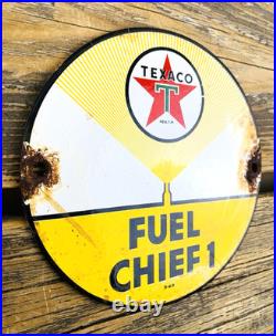 Vintage 6 Texaco Fuel Chief 1 Oil Porcelain Service Gasoline Advertising Sign