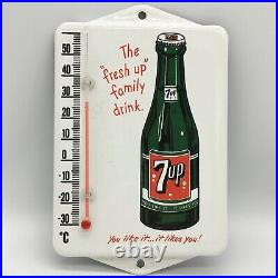 Vintage 7UP Soda Pop Porcelain Metal Enamel Gas Station Thermometer 7.5 x 5
