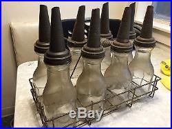 Vintage 8 Pack Wire Rack of Oil Bottles With Spouts Master