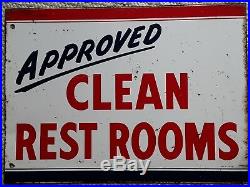 Vintage APPROVED CLEAN REST ROOMS Gas Oil Advertising Sign 24 x 17-1/2