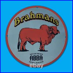 Vintage Abba Brahmans Cow Gas Station Service Man Cave Oil Porcelain Sign