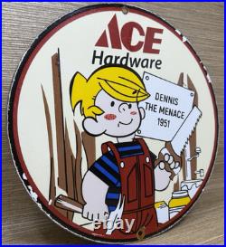 Vintage Ace Hardware Porcelain Sign Dennis The Menace Gas Oil Tools Paint Lumber