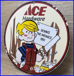 Vintage Ace Hardware Porcelain Sign Dennis The Menace Gas Oil Tools Paint Lumber