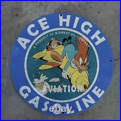 Vintage Ace High Aviation Gasoline Midwest Oil Company Porcelain Gas & Oil Sign