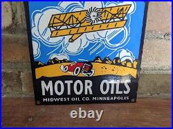 Vintage Ace High Aviation Motor Oil Porcelain Gas Sign Midwest Oil Co. 12 X 8