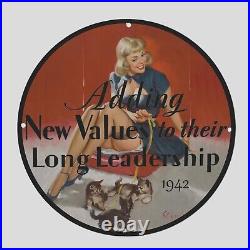 Vintage Adding Leadership 1942 Oil Porcelain Gas Pump Sign