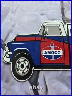 Vintage Amoco Gas And Oil Service Tanker Porcelain Sign 12×5
