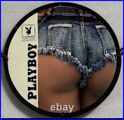 Vintage Art Playboy Club Entertainment Porcelain Pinup Girl Gas Oil Pump Ad Sign