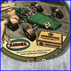 Vintage Aurora Cigar Box Porcelain Gas Oil Car Speedline Racing Track Motor Sign