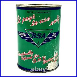 Vintage BSA Motorcycle Genuine Motor Oil Can FULL DENT FREE Quart NOS os