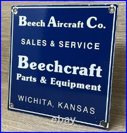 Vintage Beechcraft Aircraft Porcelain Sign Stearman Airplane Gas Oil Hangar