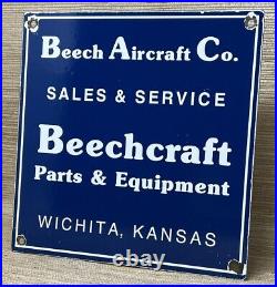 Vintage Beechcraft Aircraft Porcelain Sign Stearman Airplane Gas Oil Hangar