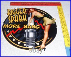 Vintage Bigger Spark More Bang Woman? & Plug 12 Metal Big Gasoline & Oil Sign