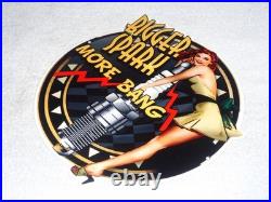 Vintage Bigger Spark More Bang Woman? & Plug 12 Metal Big Gasoline & Oil Sign