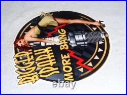 Vintage Bigger Spark More Bang Woman? & Plug 12 Metal Big Gasoline & Oil Sign