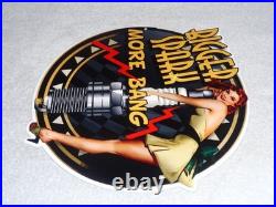Vintage Bigger Spark More Bang Woman? & Plug 12 Metal Big Gasoline & Oil Sign