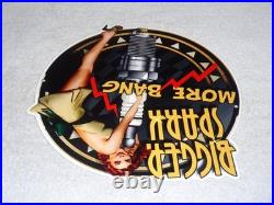 Vintage Bigger Spark More Bang Woman? & Plug 12 Metal Big Gasoline & Oil Sign