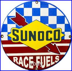 Vintage Blue Sunoco Gasoline Porcelain Sign Dealership Gas Station Motor Oil