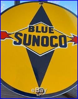 Vintage Blue Sunoco Porcelain Sign Gas Motor Oil Metal Service Station Gasoline