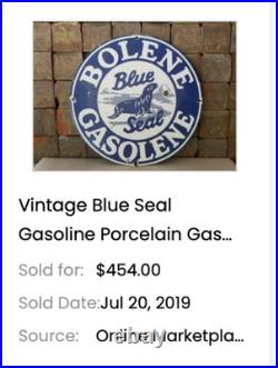 Vintage Bolene Blue Seal Gasoline 11 3/4 Porcelain Metal Enamel Gas & Oil Sign