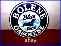 Vintage Bolene Blue Seal Gasoline 11 3/4 Porcelain Metal Enamel Gas & Oil Sign
