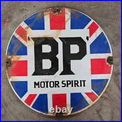 Vintage Bp Motor Spirit Old Us Gasoline Oil Gas Pump Enamel Porcelain Sign