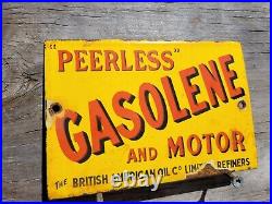 Vintage British American Porcelain Sign Peerless Gasolene Gas & Oil Advertising